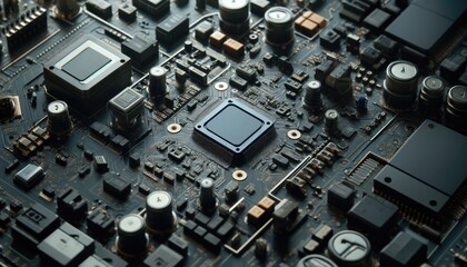 Fototapeta premium Circuit board featuring various components such as transistors, capacitors, microprocessors, and other elements.