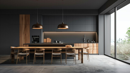 Obraz premium modern kitchen with cabinets, a wooden table and chairs.