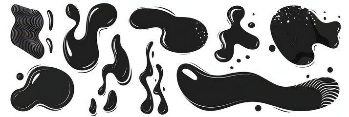 Abstract organic shapes collection. Irregular liquid forms set. Black amoeba blobs, blotches, drops or stains bundle. Different design elements for label, sticker, banner, bubble, collage.