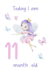 Baby Milestone Card of Cute little fairy and butterflies. Baby's eleven month. Eleven months of baby girl. Monthly numbers cards. Newborn month postcard. Card for kids' photos.