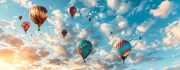 Fototapeta premium Hot Air Balloon Ride in blue sky white clouds background for wide banner of travel agency or adventure tour,Aerostat flying above clouds,International Balloon Fiesta.