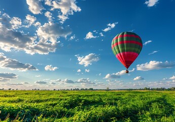 Fototapeta premium Hot Air Balloon Ride in blue sky white clouds background for wide banner of travel agency or adventure tour,Aerostat flying above clouds,International Balloon Fiesta.