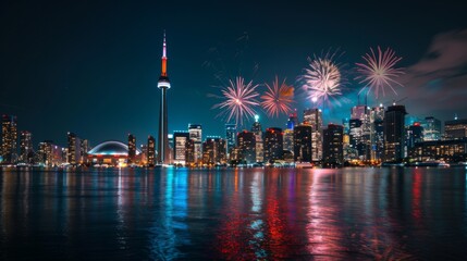 Obraz premium Canada independence day. City landscape with fireworks illustration generated by ai