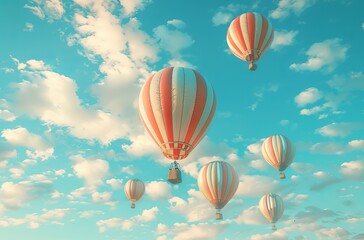 Obraz premium Hot Air Balloon Ride in blue sky white clouds background for wide banner of travel agency or adventure tour,Aerostat flying above clouds,International Balloon Fiesta.