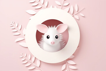 Cute adorable white possum, simple flat illustration with pastel color and paper cut style, copy space, floral, pink background