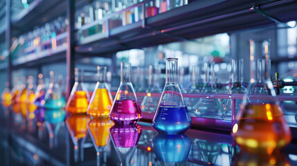 A closeup of beakers and flasks filled with colorful liquid in an advanced laboratory setting