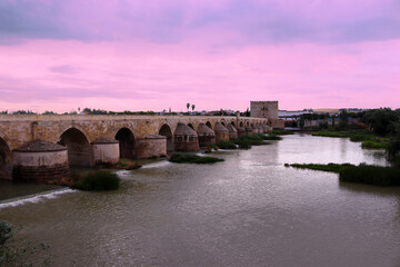 The picturesque Roman bridge over the river Gualadquivir in Cordoba, Andalusia, Spain