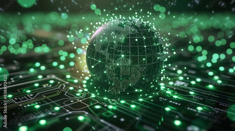 Aufkleber Green circuit board background with green lines with a digital globe in foreground with multiple connection points. Generative AI.