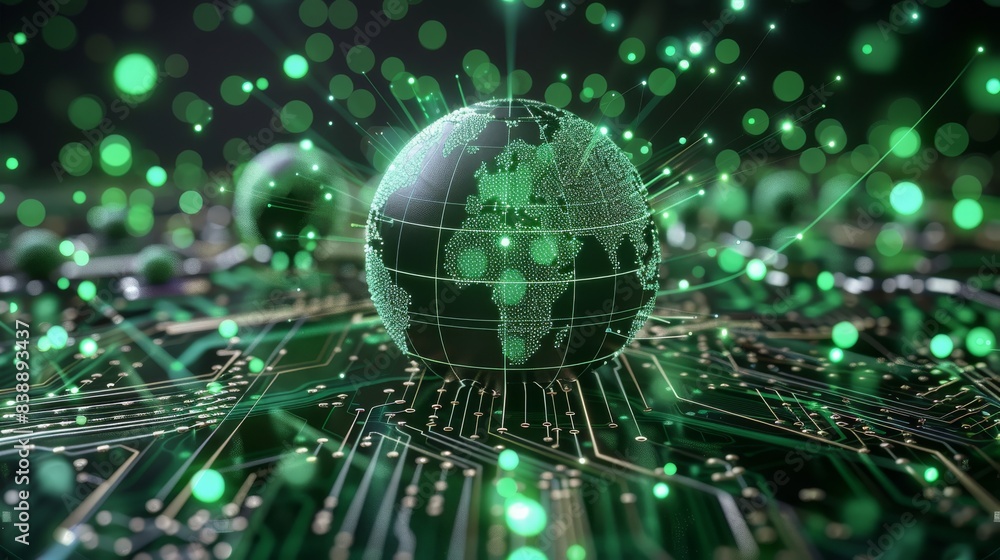 Aufkleber Green circuit board background with green lines with a digital globe in foreground with multiple connection points. Generative AI.