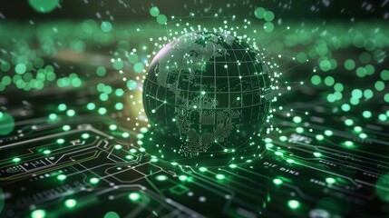 Obraz premium Green circuit board background with green lines with a digital globe in foreground with multiple connection points. Generative AI.