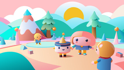 Obraz premium Cheerful Animated Characters Enjoying a Colorful Fantasy Landscape