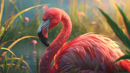 Fototapeta premium Illustration disign of a pink flamingo. Ai Generate.
