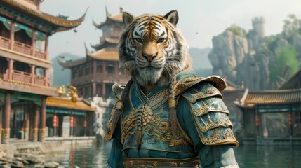 Tiger Warrior in Traditional Armor at Ancient Chinese Temple