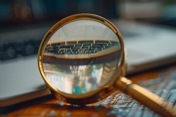 Vintage Magnifying Glass Over Antique Document on Wooden Desk