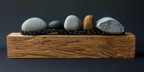 A serene sculpture with a wooden base, iron twists, and balanced stones creates tranquility by blending natural elements in a modern, minimalist design for an elegant and peaceful atmosphere