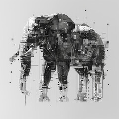 Elephant, pixelated electronic elephant on a gray background