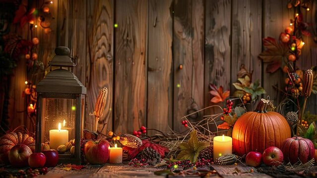 Concept of Thanksgiving day or Halloween. Wooden table with lantern and candles decorated with pumpkins, apple, and corncobs. Copy space for text. Thanksgiving greeting card, background, and wallpaper