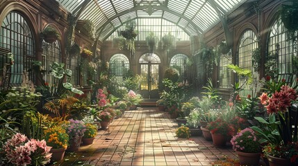 An elegant of an ornate Victorian greenhouse filled with a variety of exotic plants and flowers. Generative AI.