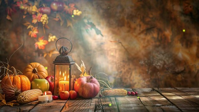 Concept of Thanksgiving day or Halloween. Wooden table with lantern and candles decorated with pumpkins, apple, and corncobs. Copy space for text. Thanksgiving greeting card, background, and wallpaper