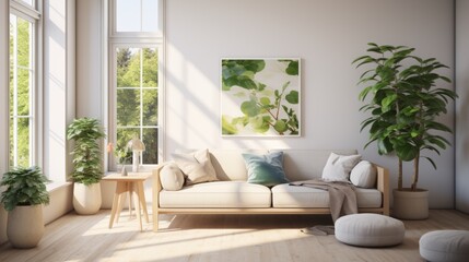 A modern living room with sofa in minimal background