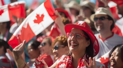 Canada day celebrating city. People with national flags. Background illustration generated by ai