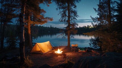 A tranquil lakeside campsite, with tents pitched beneath towering trees and a crackling campfire casting a warm glow as friends gather to share stories under the stars.
