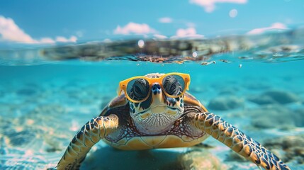 Cute funny turtle wearing sunglasses and floating in a ocean. Happy pet swim in ocean or sea, play in the water