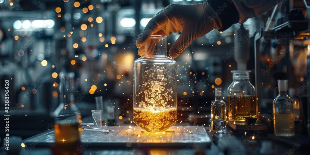 Poster scientist holds a glowing flask in a lab filled with bottles and equipment, representing a breakthro