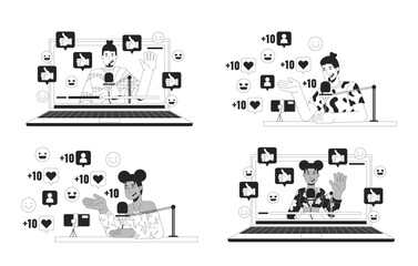 Influencer content creator black and white 2D illustration concept set. Diverse vloggers cartoon outline characters isolated on white. Social media popularity metaphor monochrome vector art collection