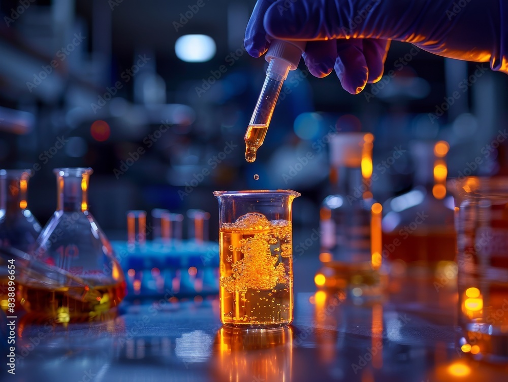Poster close-up of a scientist's gloved hand using a pipette to transfer liquid into a beaker in a dimly li