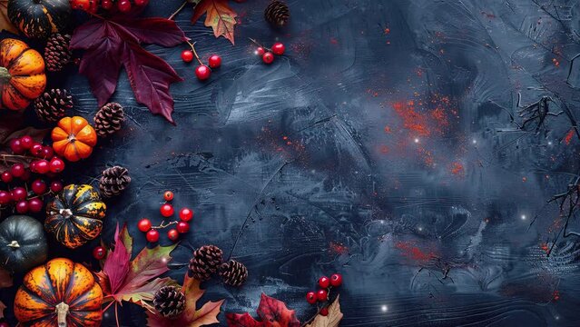 Concept of Thanksgiving day or Halloween. Thanksgiving background from dry leaves, red berries and pumpkin on wood Table Top. Thanksgiving Greetings. Thanksgiving Greeting Card. Copy space for text