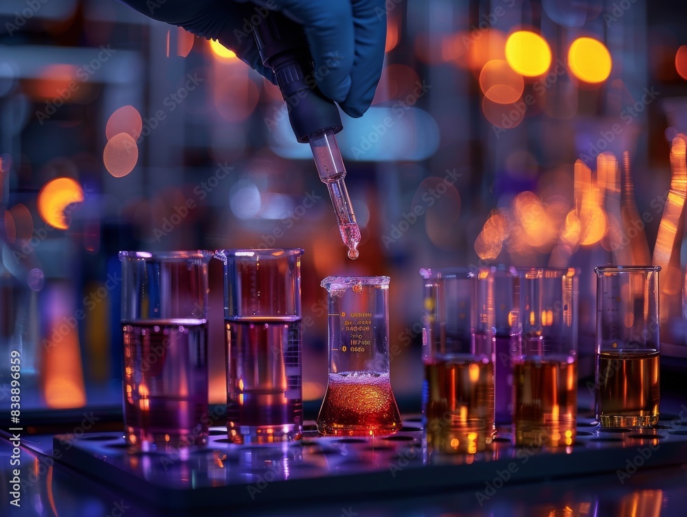 Poster scientist conducting experiment in laboratory with test tubes and pipette under colorful lights, sho