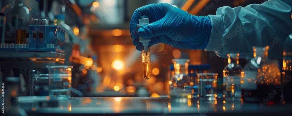 Poster researcher in laboratory conducting science experiment with test tubes and beakers, representing sci