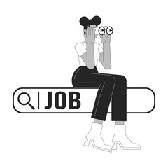 Looking for job black and white 2D illustration concept. African american woman with binoculars on search bar cartoon outline character isolated on white. Unemployment metaphor monochrome vector art