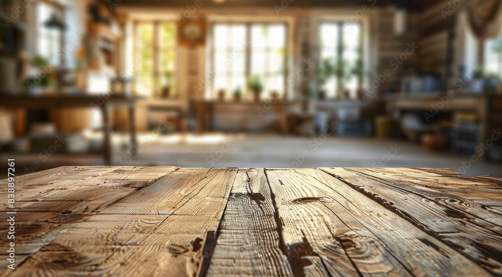 Poster A rustic wooden table surface at the bottom of the frame with a blurred out-of-focus background of a rural home office, with wooden beams. Generative AI.