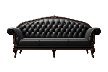 The Enigmatic Fusion: Black Leather Couch on Wooden Frame on a White or Clear Surface PNG Transparent Background.