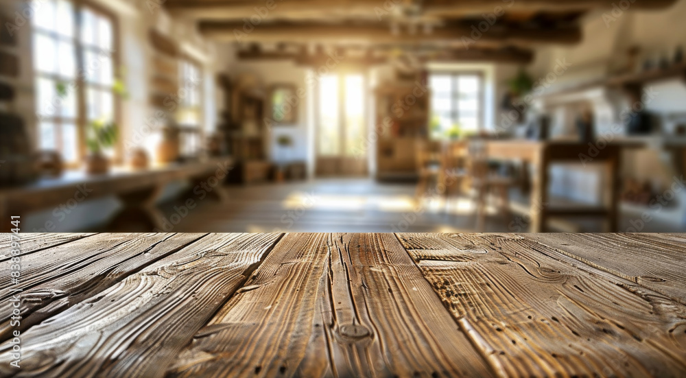 Poster A rustic wooden table surface at the bottom of the frame with a blurred out-of-focus background of a rural home office, with wooden beams. Generative AI.