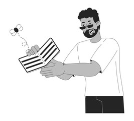 Black man with financial problems black and white cartoon flat illustration. Stressed black male holding empty wallet 2D lineart character isolated. Unemployment monochrome scene vector outline image