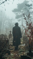 Fototapeta premium Back view of unrecognizable man in warm clothes and hat walking in cemetery in a foggy day.