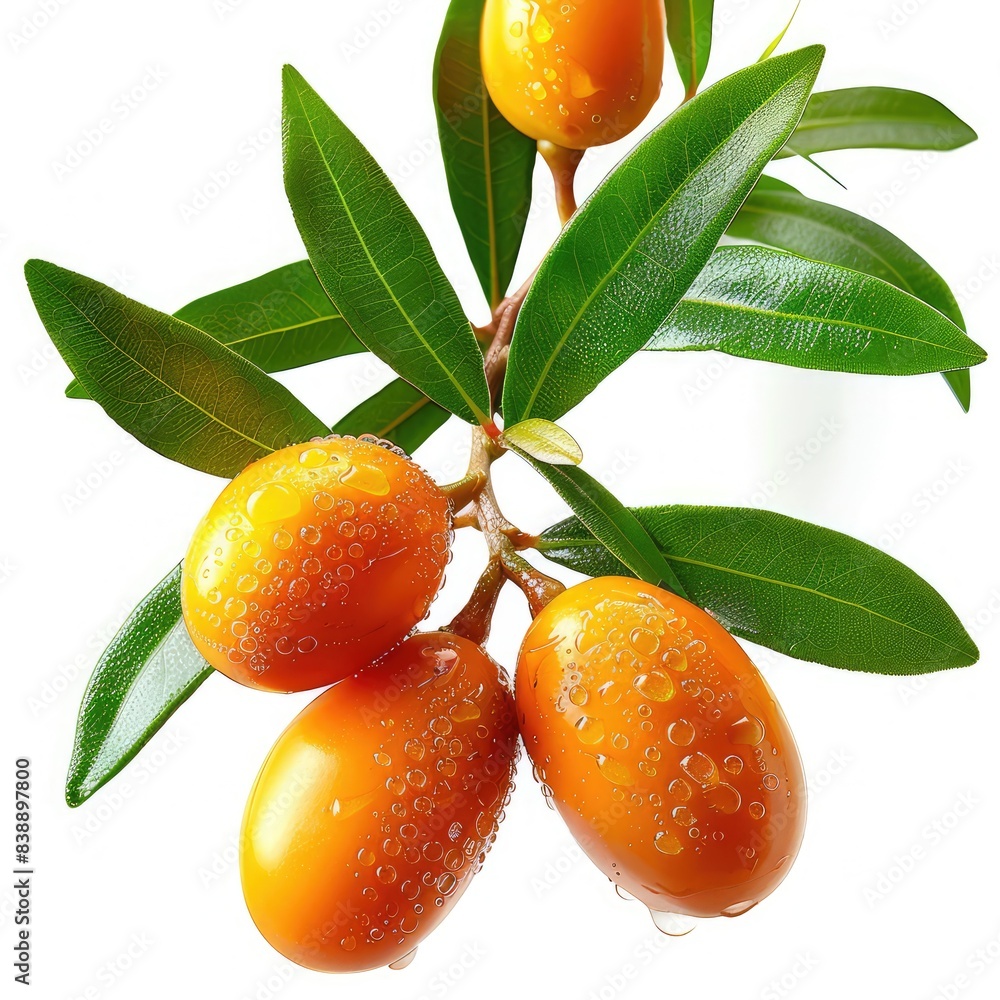 Wall mural Fresh Kumquats Branch with Leaves and Water Droplets, Citrus Fruits on White Background, Vibrant Orange Kumquats, Juicy and Healthy Stock Photo