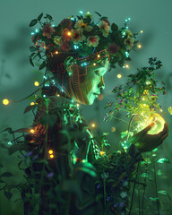 Demeter, goddess of harvest, using advanced technology to cultivate a futuristic, glowing garden