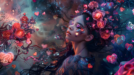 Aphrodite, goddess of love, in a tech-enhanced outfit, surrounded by holographic hearts and digital flowers