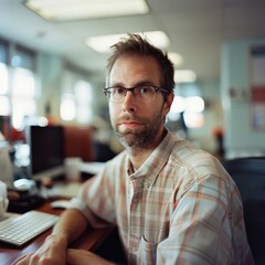 Obraz premium https://s.mj.run/jpdQxX3dCwg front face picture of 35-year-old american male in office, captured by Hasselblad f12 --style raw --stylize 0 --weird 3000 Job ID: 032c2367-337a-4417-ace1-44d0b7ae047c