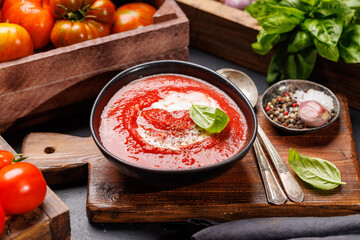Refreshing homemade tomato gazpacho soup