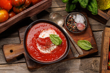 Refreshing homemade cold tomato gazpacho soup