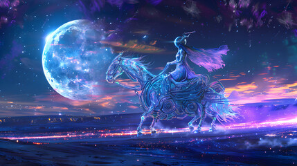 Selene, goddess of the moon, in a luminous space suit, riding a cybernetic chariot across a digital night sky