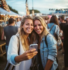 Two besties at a concert, capturing the moment with a phone! All smiles in the energetic crowd under the festival lights.