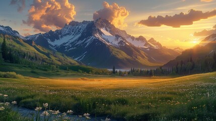 A serene mountain landscape, with lofty peaks draped in a patchwork quilt of snow and lush green fields. The horizon is kissed by a golden sunrise. Generative AI. - Powered by Adobe