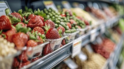 Fresh Strawberries and Seasonal Produce in Grocery Store, Close-up of Juicy Fruits on Display, Vibrant Colors and Quality Stock Image