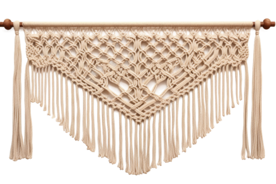 Ethereal Elegance: A White Wall Hanging Adorned With Tassels and Fringes on a White or Clear Surface PNG Transparent Background.